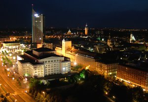 Leipzig aerial night view - opera house and city-Hochhaus